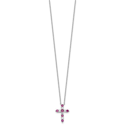 SS RH-plated Dark Pink CZ July Birthstone Cross w/2in ext Necklace