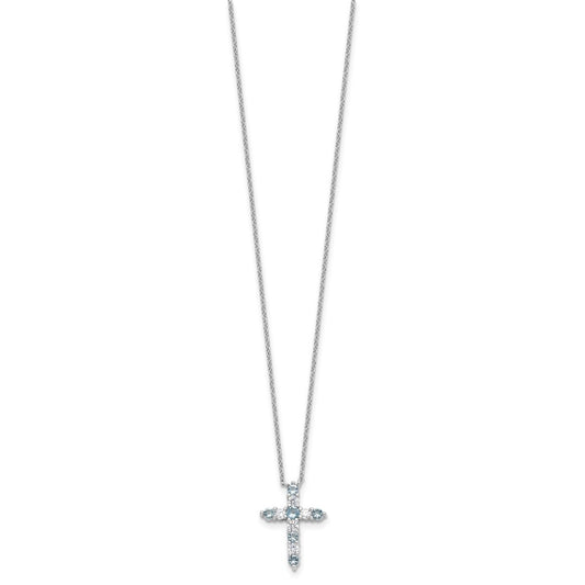 SS Rhodium-plated Lt Blue CZ March Birthstone Cross w/2in ext Necklace