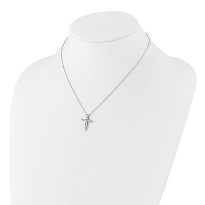 SS RH-plated Lt Blue CZ March Birthstone Cross w/2in ext Necklace
