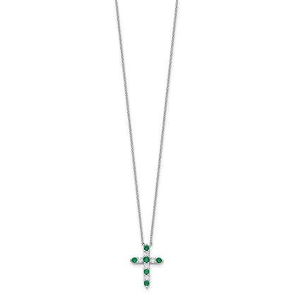 SS RH-plated Green CZ May Birthstone Cross w/2in ext Necklace