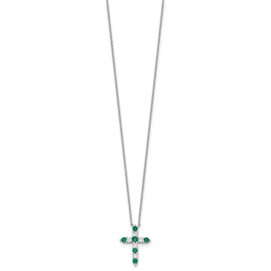 SS Rhodium-plated Green CZ May Birthstone Cross w/2in ext Necklace