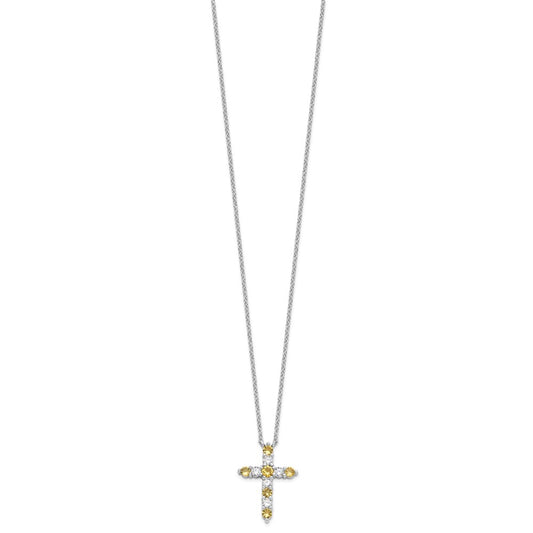 SS Rhodium-plated Yellow CZ Nov Birthstone Cross w/2in ext Necklace