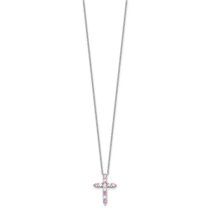 SS RH-plated Pink CZ October Birthstone Cross w/2in ext Necklace