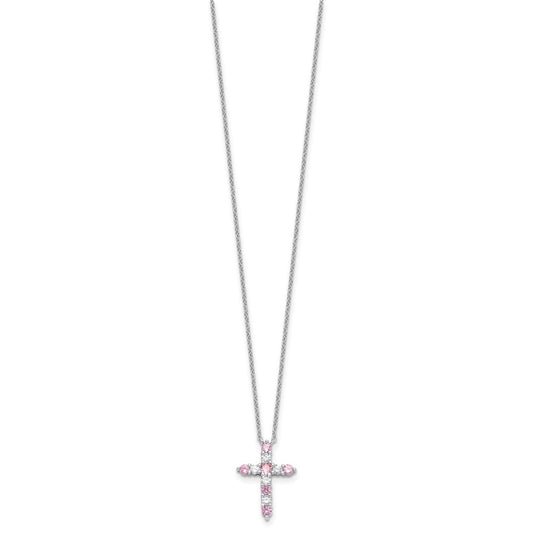 SS Rhodium-plated Pink CZ October Birthstone Cross w/2in ext Necklace
