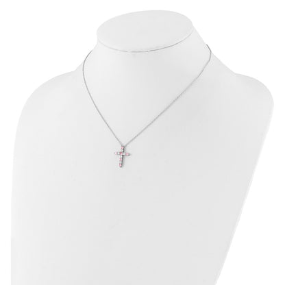 SS RH-plated Pink CZ October Birthstone Cross w/2in ext Necklace