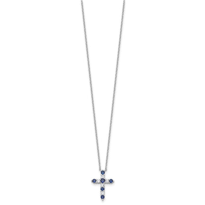 SS RH-plated Dark Blue CZ Sept Birthstone Cross w/2in ext Necklace
