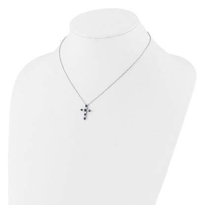 SS RH-plated Dark Blue CZ Sept Birthstone Cross w/2in ext Necklace