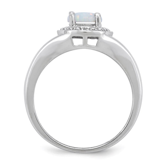 Sterling Silver Rhodium-plated Diam. & Created Opal Ring