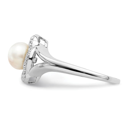 Sterling Silver Rhodium-plated Diam. & FW Cultured Pearl Ring
