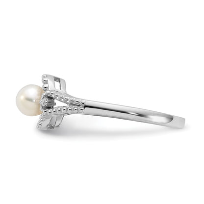 Sterling Silver Rhodium-plated FW Cultured Pearl & Diam. Ring
