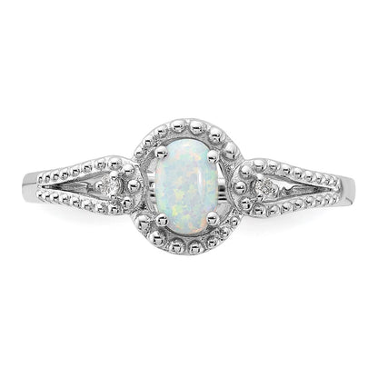 Sterling Silver Rhodium-plated Created Opal & Diam. Ring