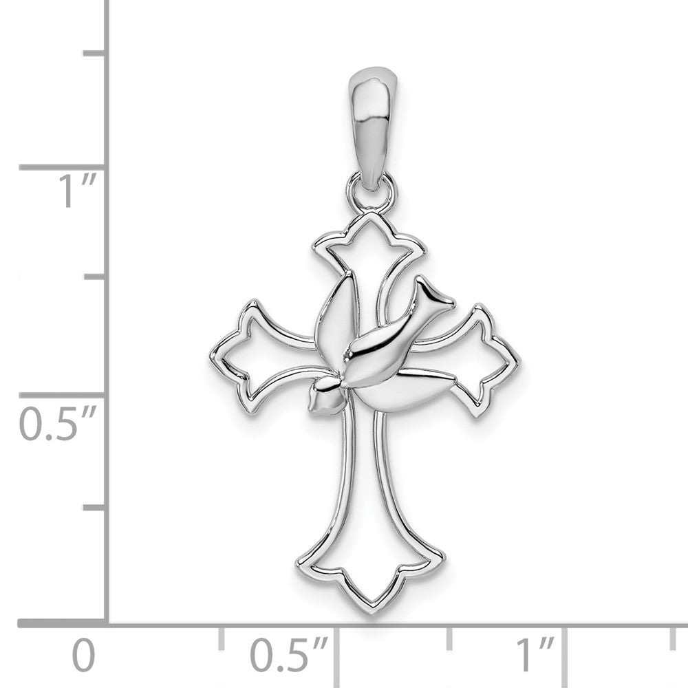 De-Ani Sterling Silver Rhodium-Plated Cut-Out Fleur de Lis Cross with Dove Pendant
