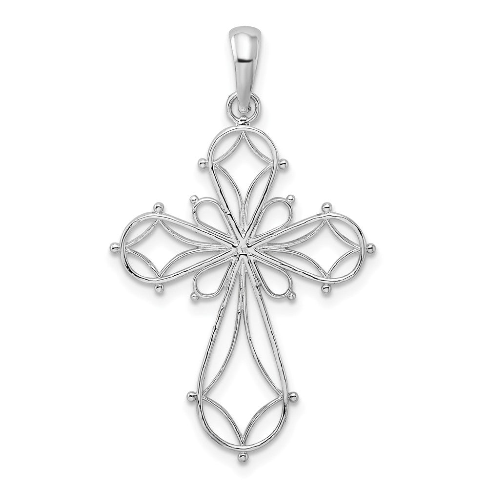 De-Ani Sterling Silver Rhodium-Plated Fancy Cut-Out Rounded Cross Pendant