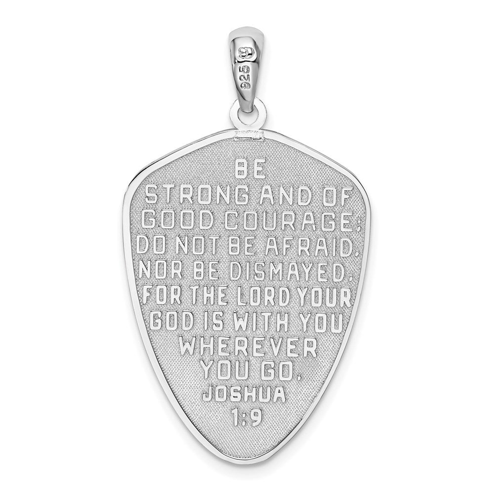 De-Ani Sterling Silver Rhodium-Plated Textured Cross Shield Joshua 1:9 Reverse Pendant