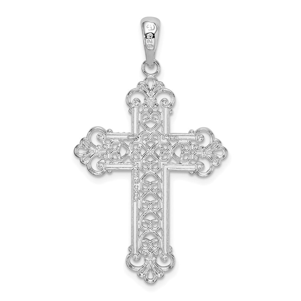 De-Ani Sterling Silver Rhodium-Plated Polished Filigree Fleur de Lis Cross Pendant