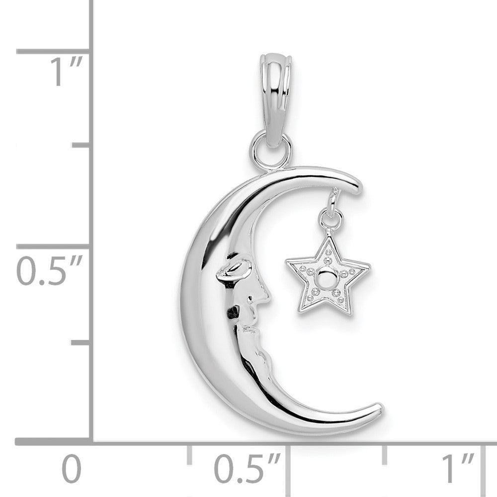 De-Ani Sterling Silver Rhodium-plated Moveable Polished Crescent Moon with Star Pendant
