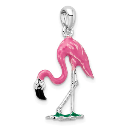 De-Ani Sterling Silver Rhodium-Plated Polished 3D Pink Flamingo Pendant