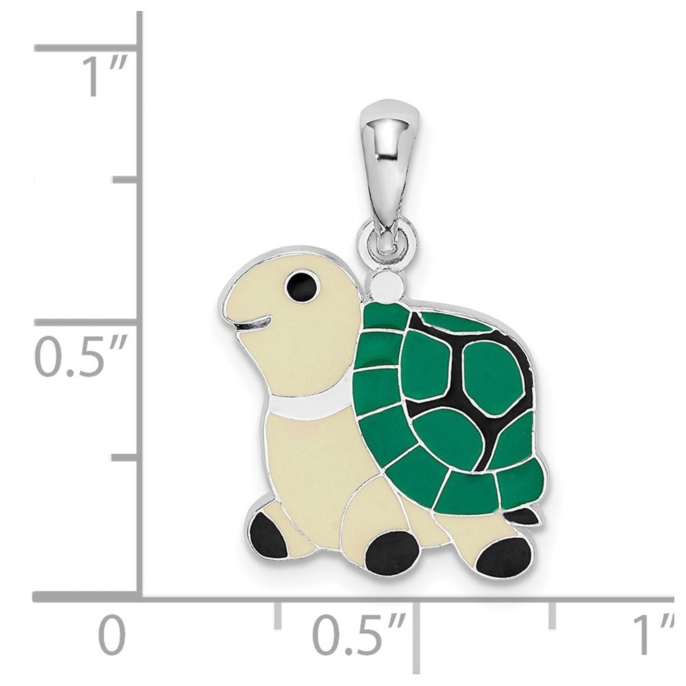 De-Ani Sterling Silver Rhodium-Plated Polished Enameled Green Turtle Pendant
