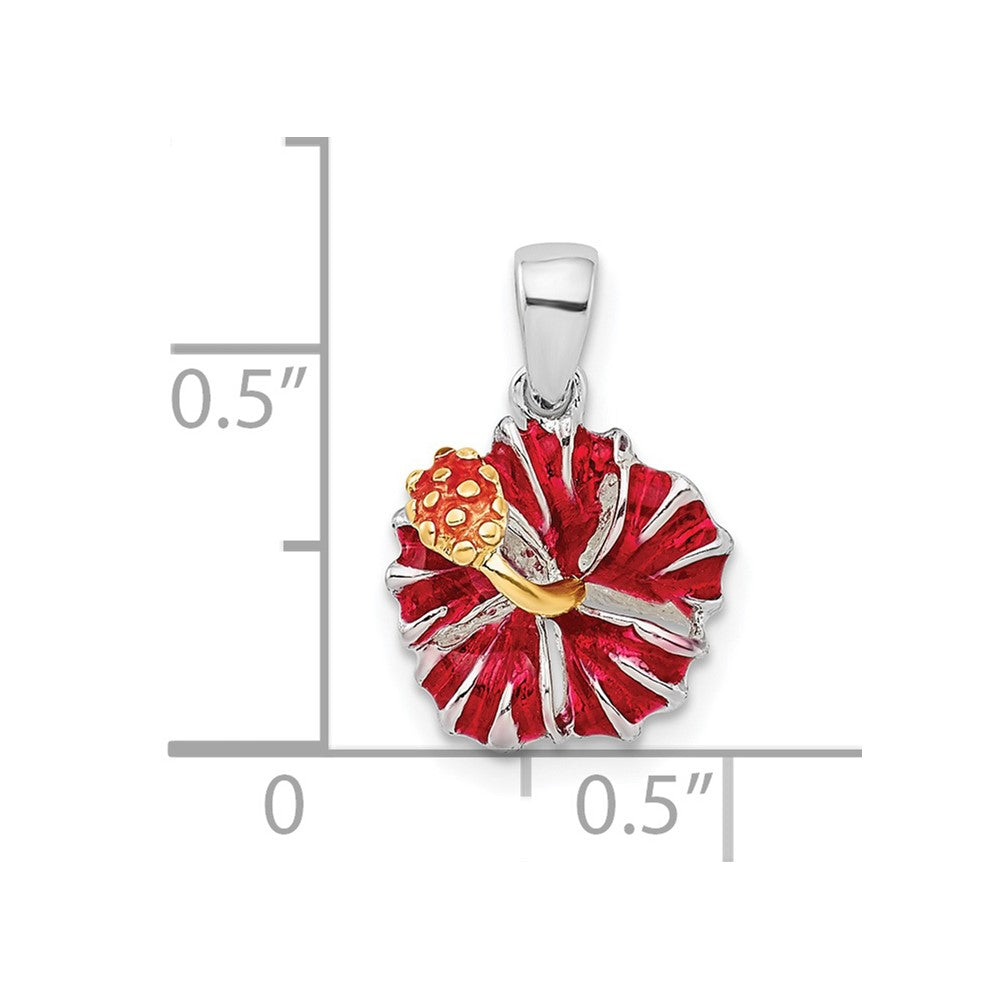 De-Ani Sterling Silver Rhodium-Plated Polished Enameled Red Hibiscus Pendant