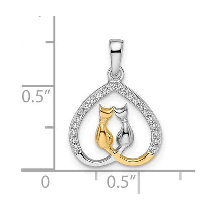 Sterling Silver RH-plated & Gold-plated CZ Heart w/Two Cats Pendant