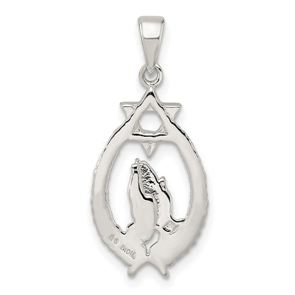Sterling Silver Polished Star of David w/Praying Hands Pendant