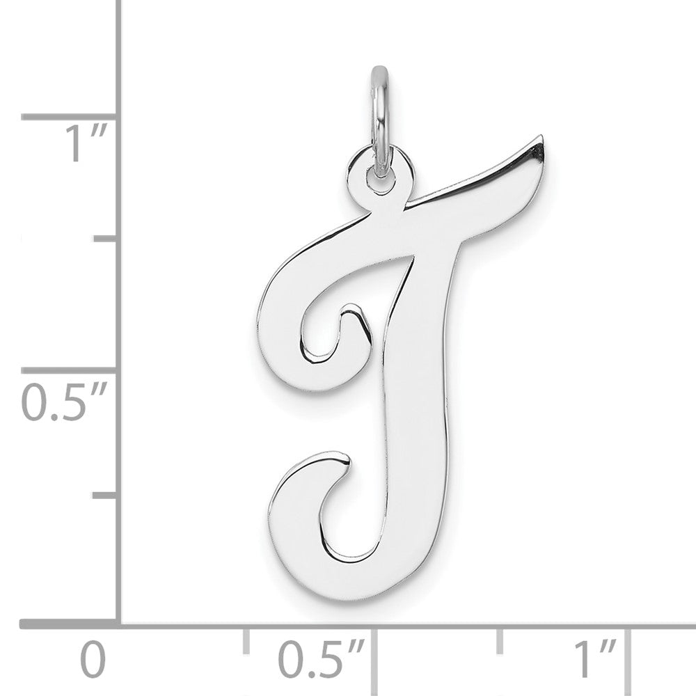 Large Sterling Silver Rhodium-plated Script Letter T Initial Charm