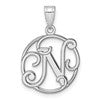 Small Sterling Silver Rhodium-plated Fancy Script Letter N Initial Pendant