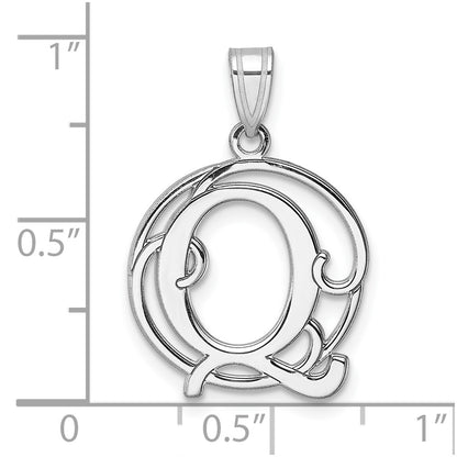Small Sterling Silver Rhodium-plated Fancy Script Letter Q Initial Pendant