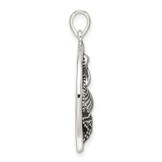 Sterling Silver Polished and Antiqued Sea Life Circle Pendant