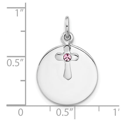 SS Rhodium-plated Circle Disk and Cross with Pink Crystal Pendant