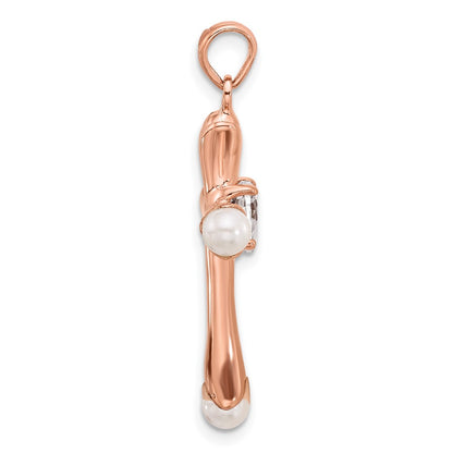 Sterling Silver Rose-tone Heart CZ and Synthetic Pearl Cross Pendant
