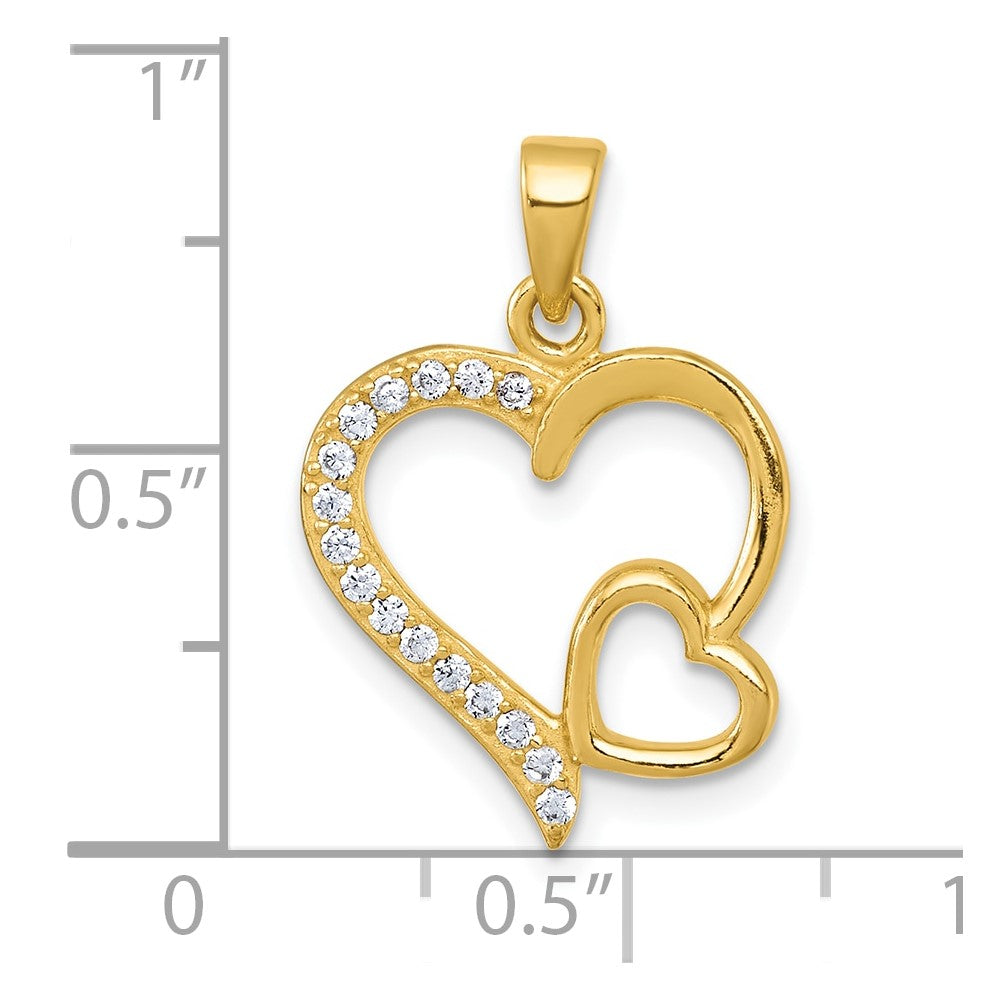 Sterling Silver Gold-tone Polished CZ Large Heart with Small Heart Pendant