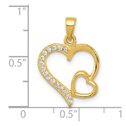 Sterling Silver Gold-tone Polished CZ Large Heart with Small Heart Pendant