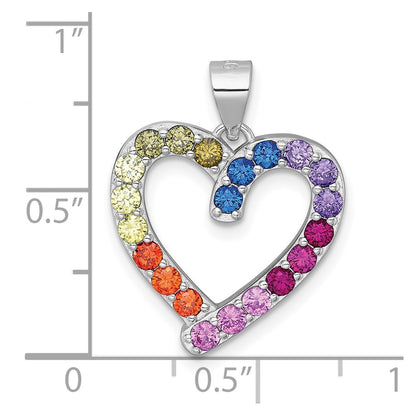 Sterling Silver Rhodium-plated Polished Multi-color Rainbow CZ Open Heart Pendant