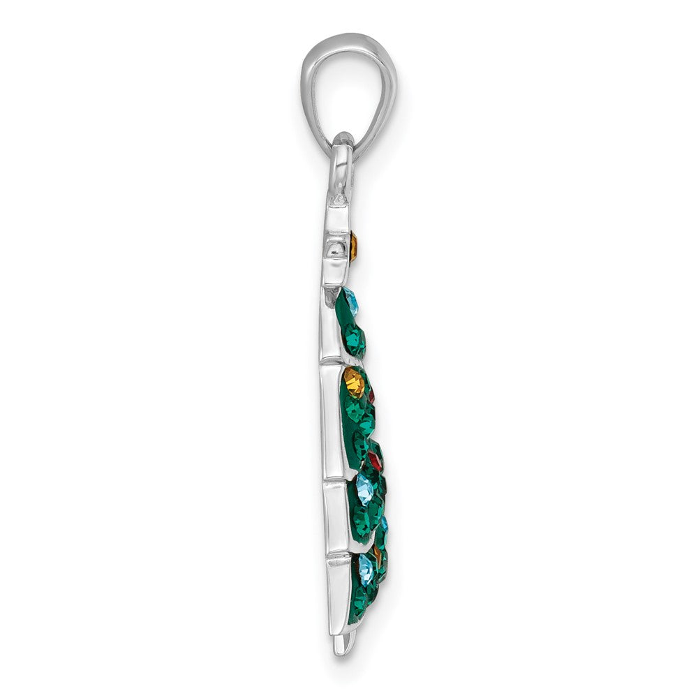Sterling Silver Rhodium-plated Polished Green/Yellow/Red/Blue Crystal Christmas Tree Charm