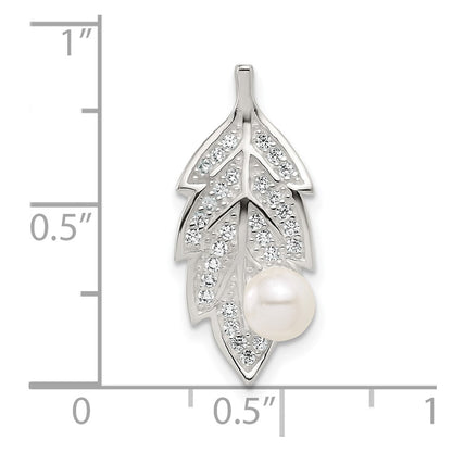 Sterling Silver Polished CZ and Acrylic Pearl on Leaf Chain Slide Pendant