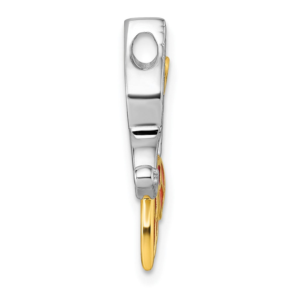 Sterling Silver Rhodium-plated and Gold-tone Pink and Red Enameled with White CZ Moveable Wing Butterfly Chain Slide Pendant
