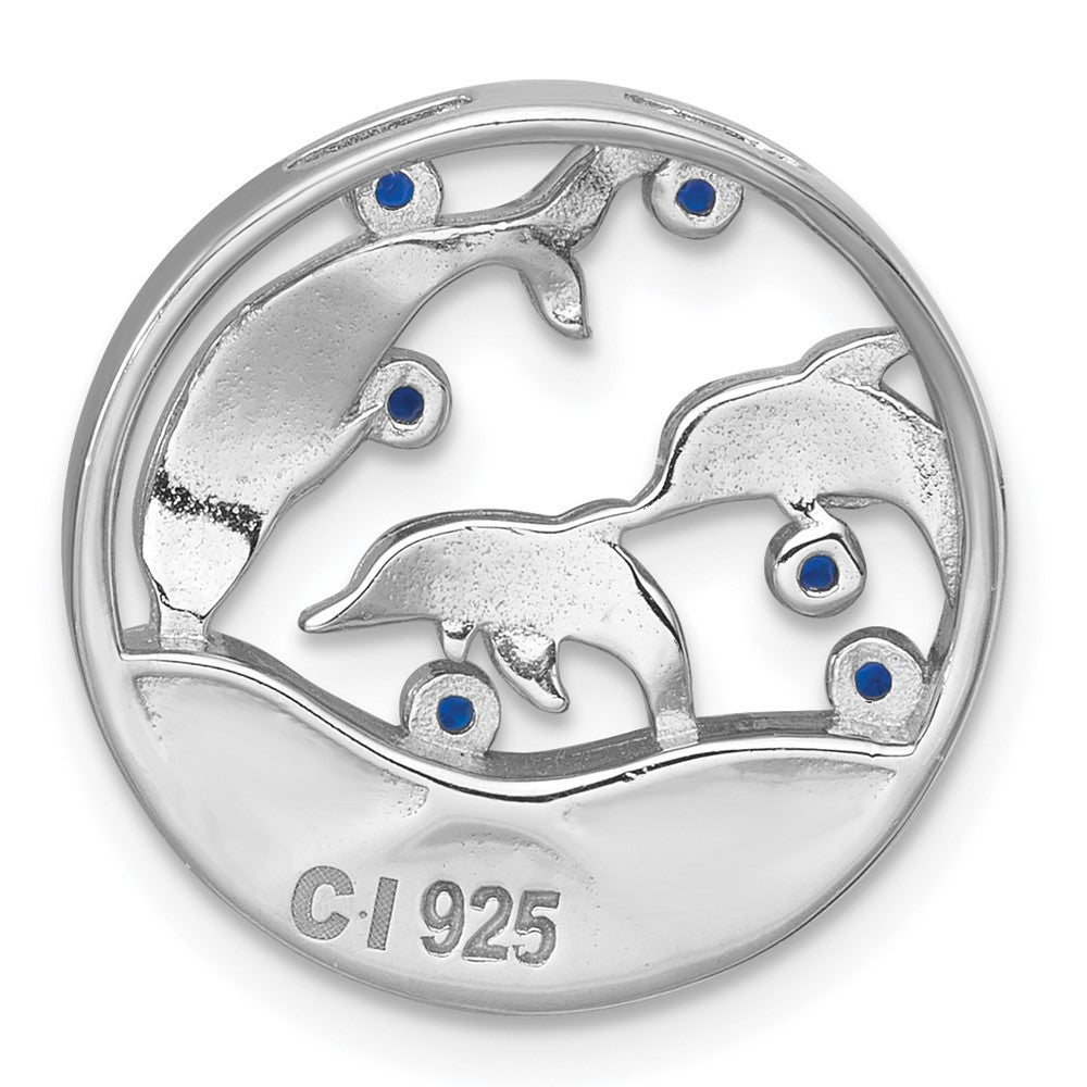 Sterling Silver Rhodium-plated Polished Larimar and Blue CZ Dolphins Chain Slide Pendant