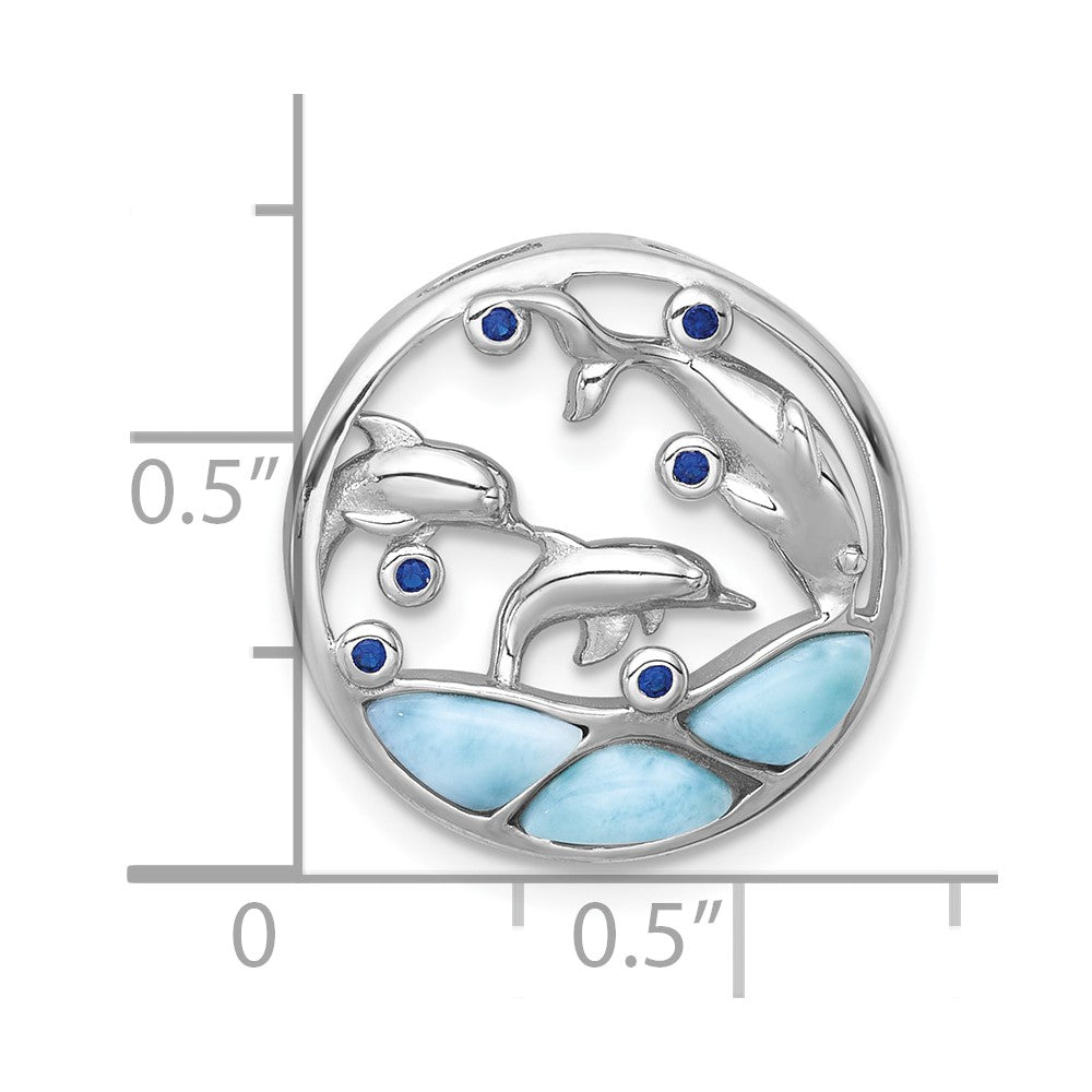 Sterling Silver Rhodium-plated Polished Larimar and Blue CZ Dolphins Chain Slide Pendant