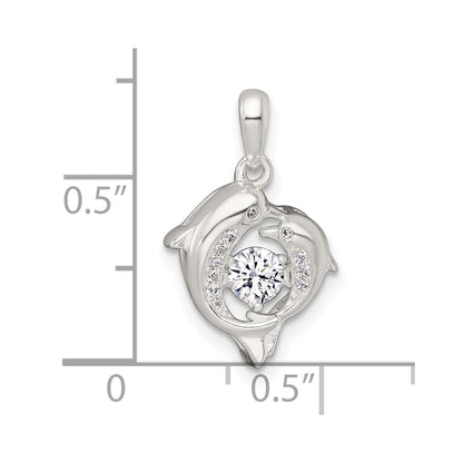 Sterling Silver Polished Vibrant Moving CZ 2-Dolphin Pendant
