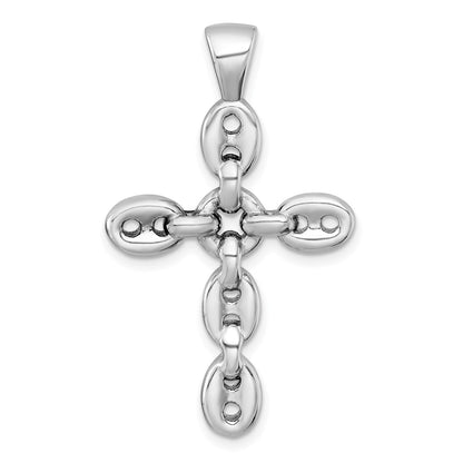 Sterling Silver Rhodium-plated Polished Puffed Mariner/Anchor Link Cross Pendant