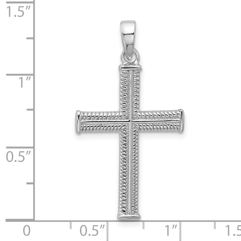 Sterling Silver Rhodium-plated Textured and Polished Cross Pendant