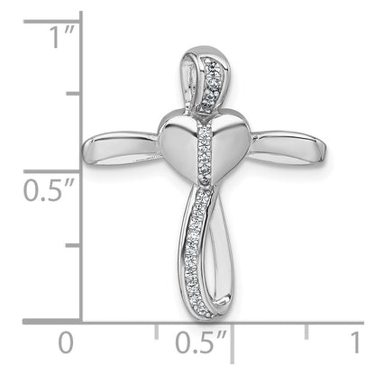 Sterling Silver Rhodium-plated Polished CZ Heart Cross Chain Slide Pendant