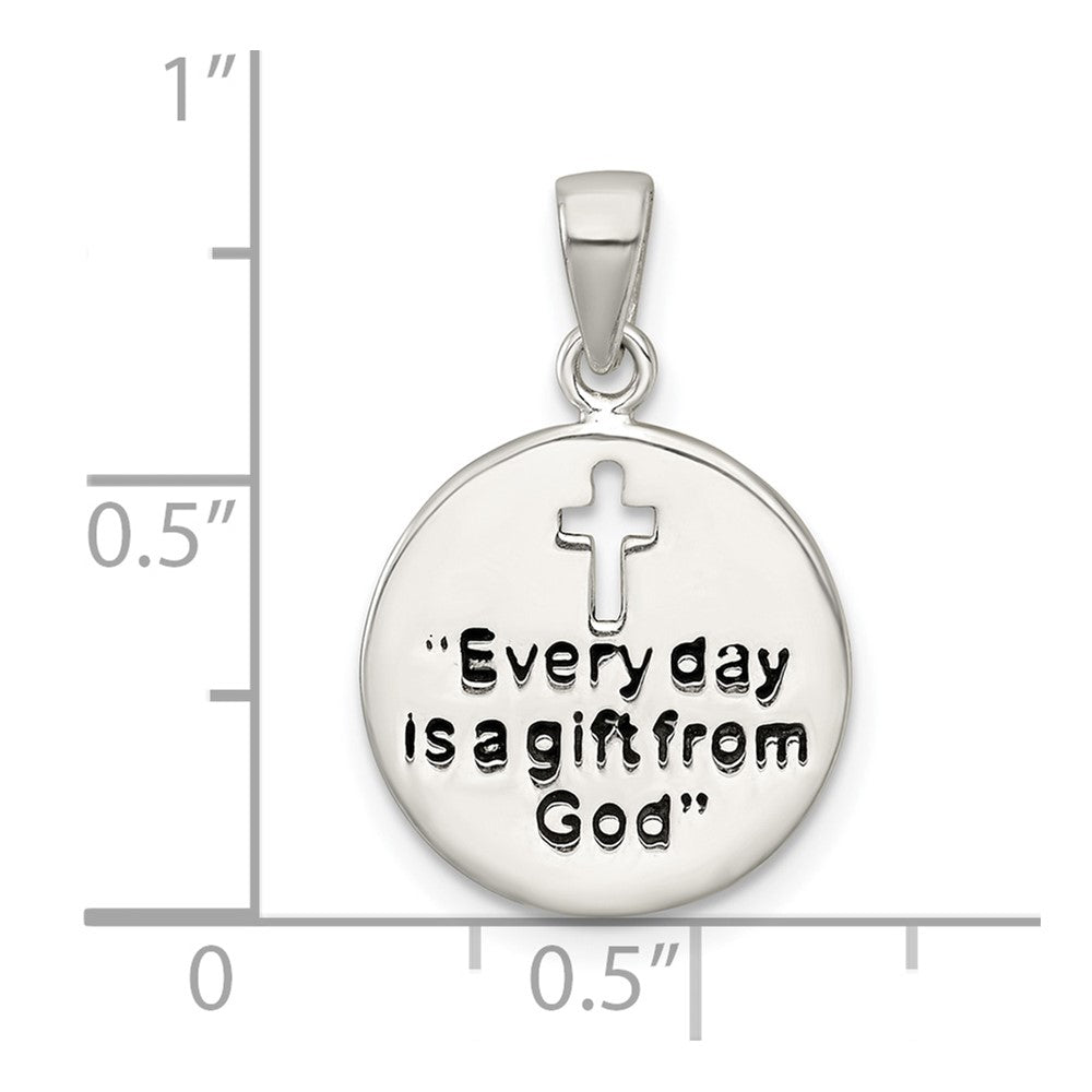 Sterling Silver Polished Black Enamel EVERY DAY IS A GIFT FROM GOD Cut Out Cross Disc Pendant