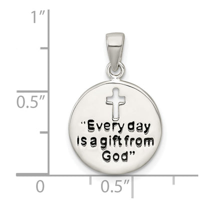 Sterling Silver Polished Black Enamel EVERY DAY IS A GIFT FROM GOD Cut Out Cross Disc Pendant