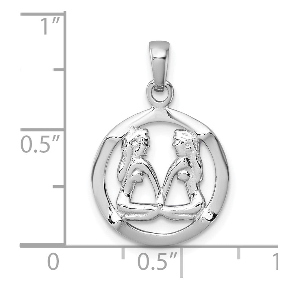 Sterling Silver Rhodium-plated Polished Reversible Gemini Twins in Circle Zodiac Pendant
