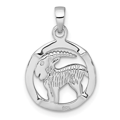 Sterling Silver Rhodium-plated Polished Reversible Capricorn Goat in Circle Zodiac Pendant