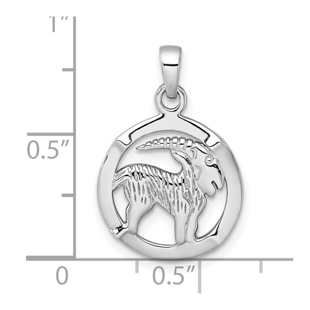 Sterling Silver Rhodium-plated Polished Reversible Capricorn Goat in Circle Zodiac Pendant