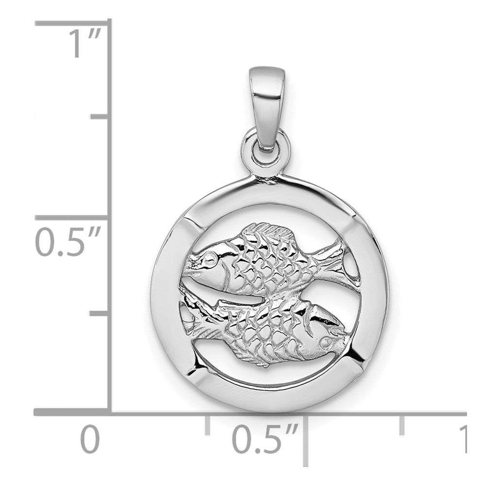 Sterling Silver Rhodium-plated Polished Reversible Pisces Fish in Circle Zodiac Pendant