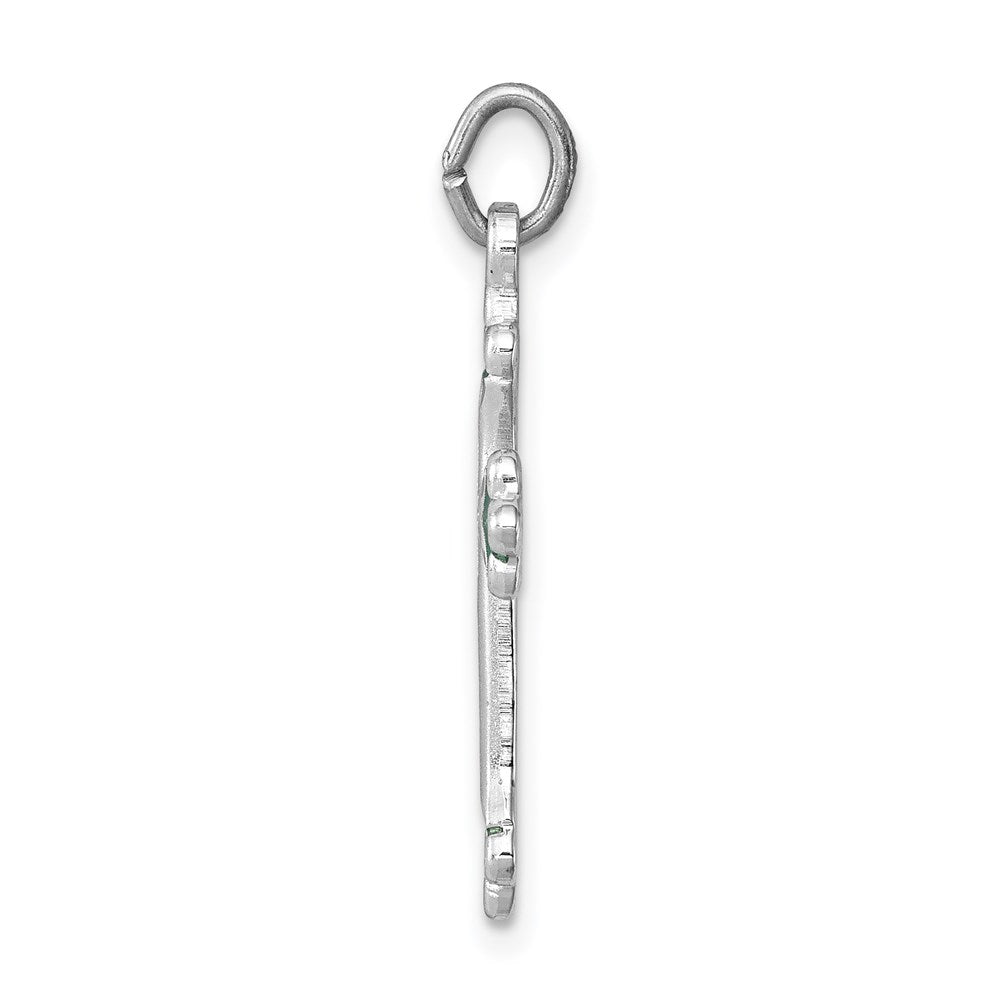 Sterling Silver Platinum-plated Green Enameled Budded Cross Charm